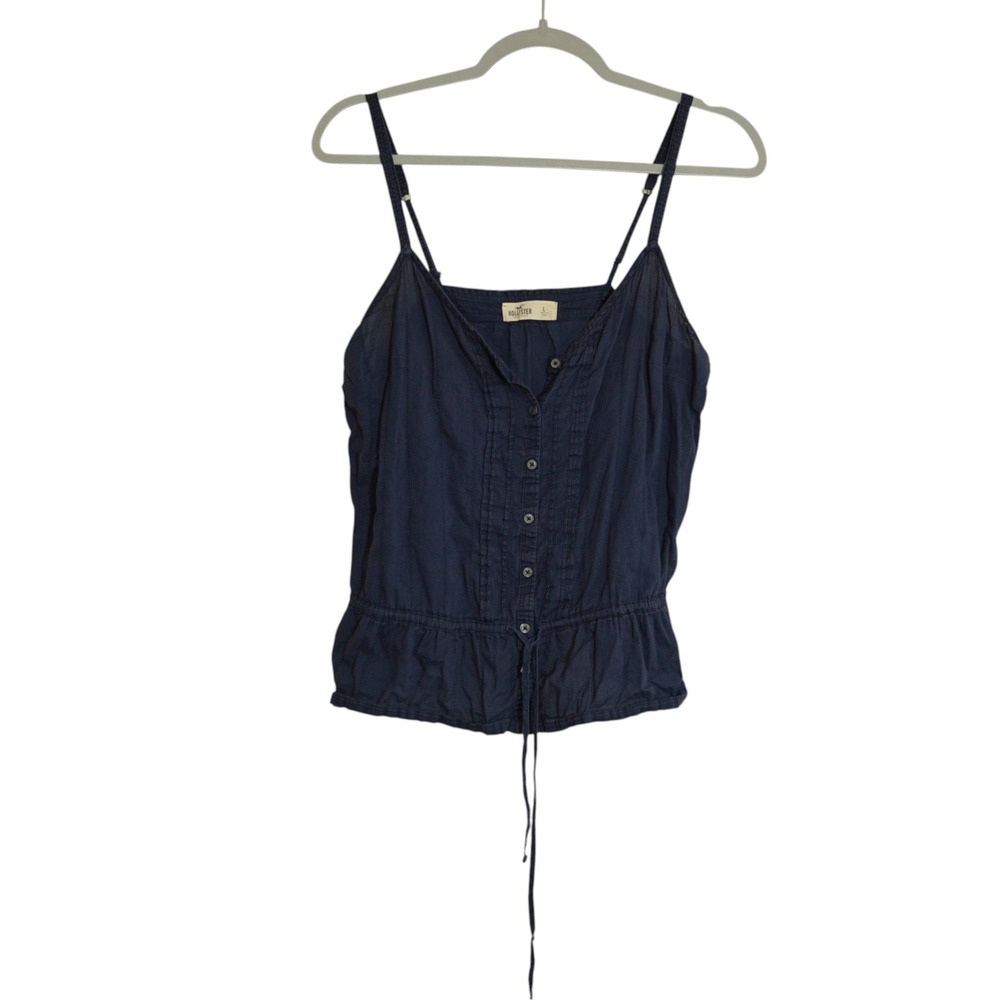 Hollister Vintage Babydoll Tank Peplum Camisole Navy Blue Button Front Pintuck